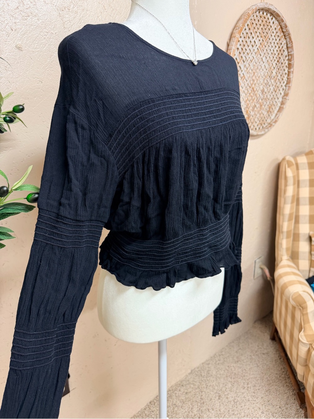 Leyden Black Textured Pintuck Long-Sleeve Blouse